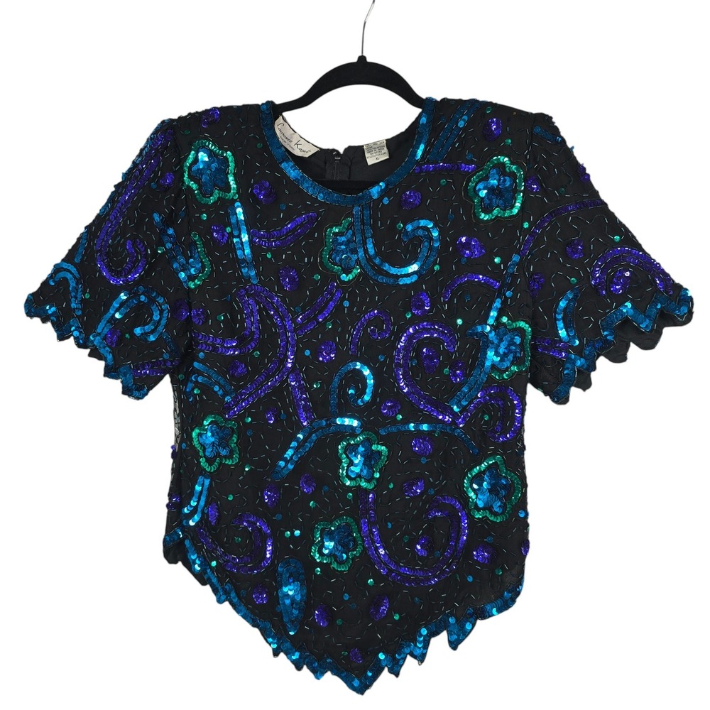 Laurence Kazar Top Womens XL Vintage Black Blue Teal Sequin‎ Beaded Silk EUC
